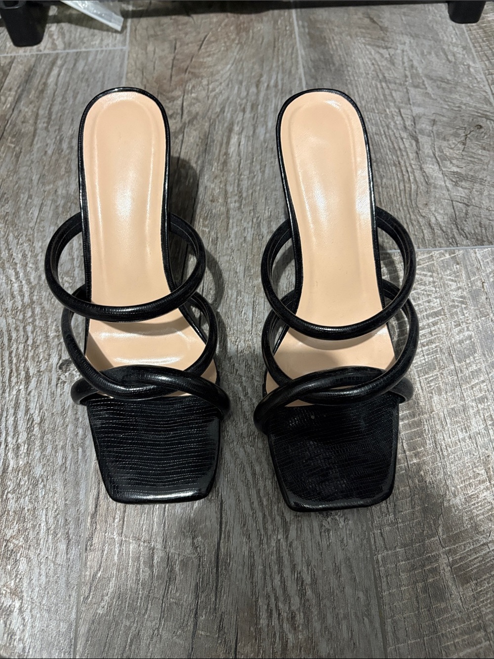 Black Strappy Square-Toe Slide Heels - Women